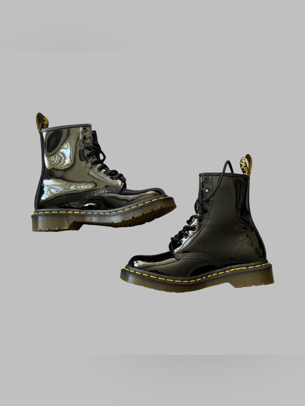 Dr. Martens Black Patent Lace-Up Combat Boots with Yellow Stitching - Picture 2 of 10